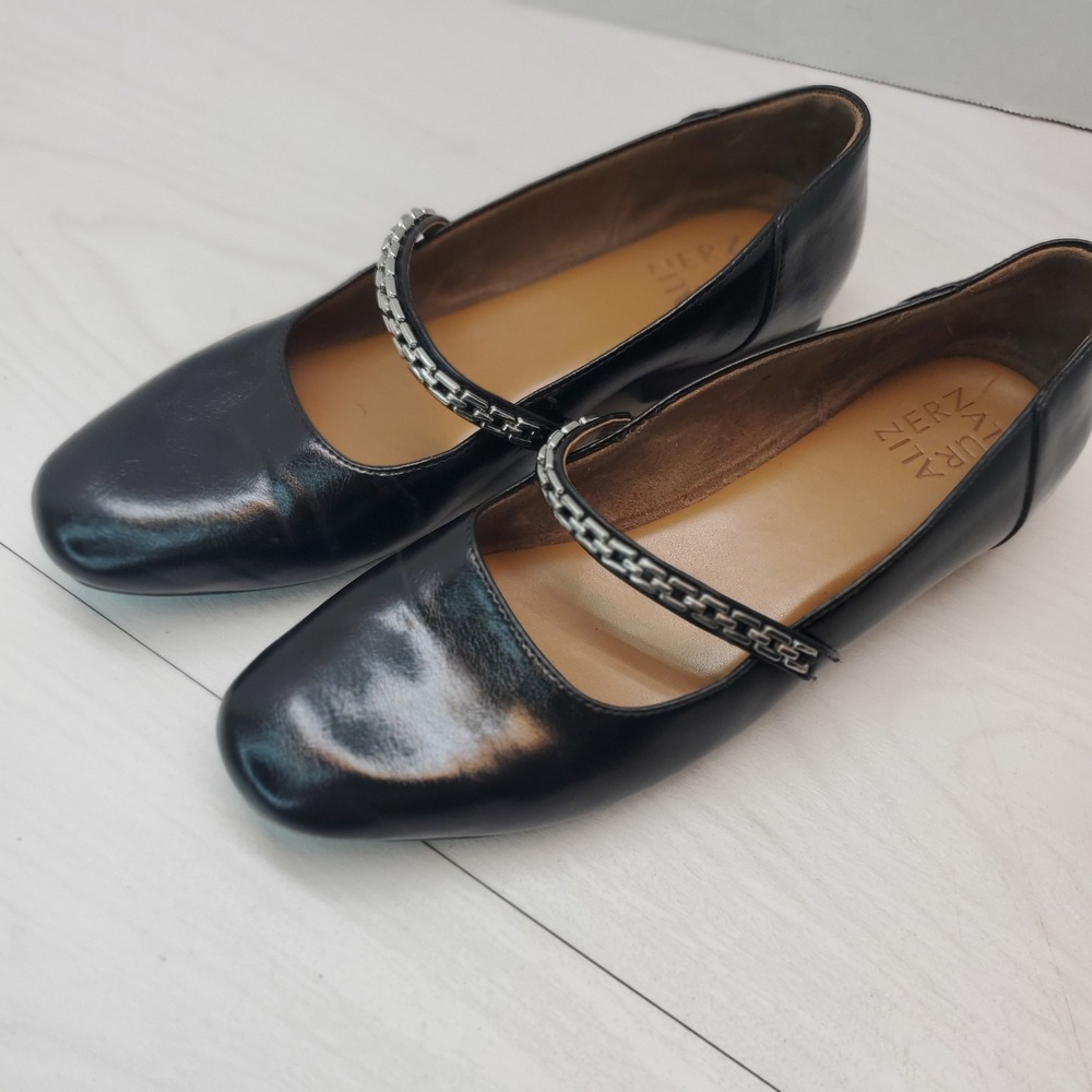 Naturalizer Womens Black Leather Chain Strap Mary Jane Flats Size 8 Old Money